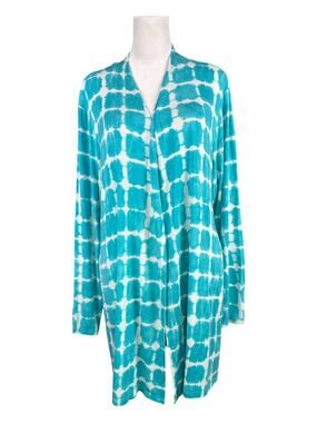 Lands End XL/P Long Open Cardigan Beach Cover Up Turquoise Batik Tie Dye Pockets